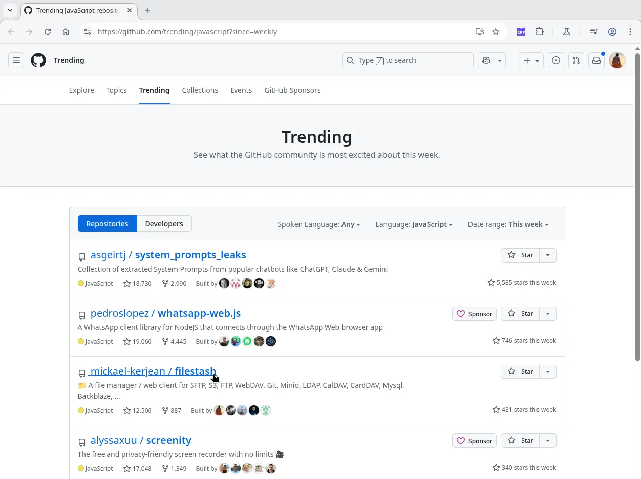 screenshot github weekly trending page