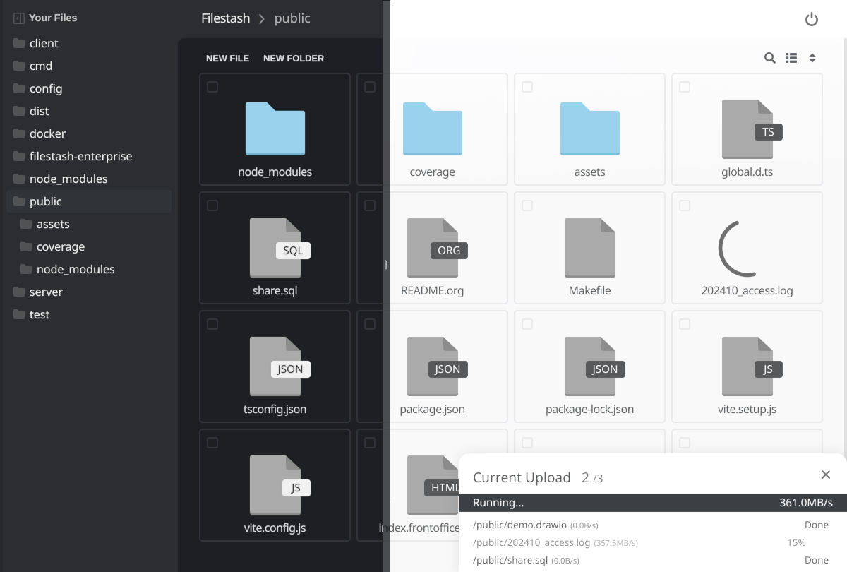 screenshot of Filestash when uploading files/folders